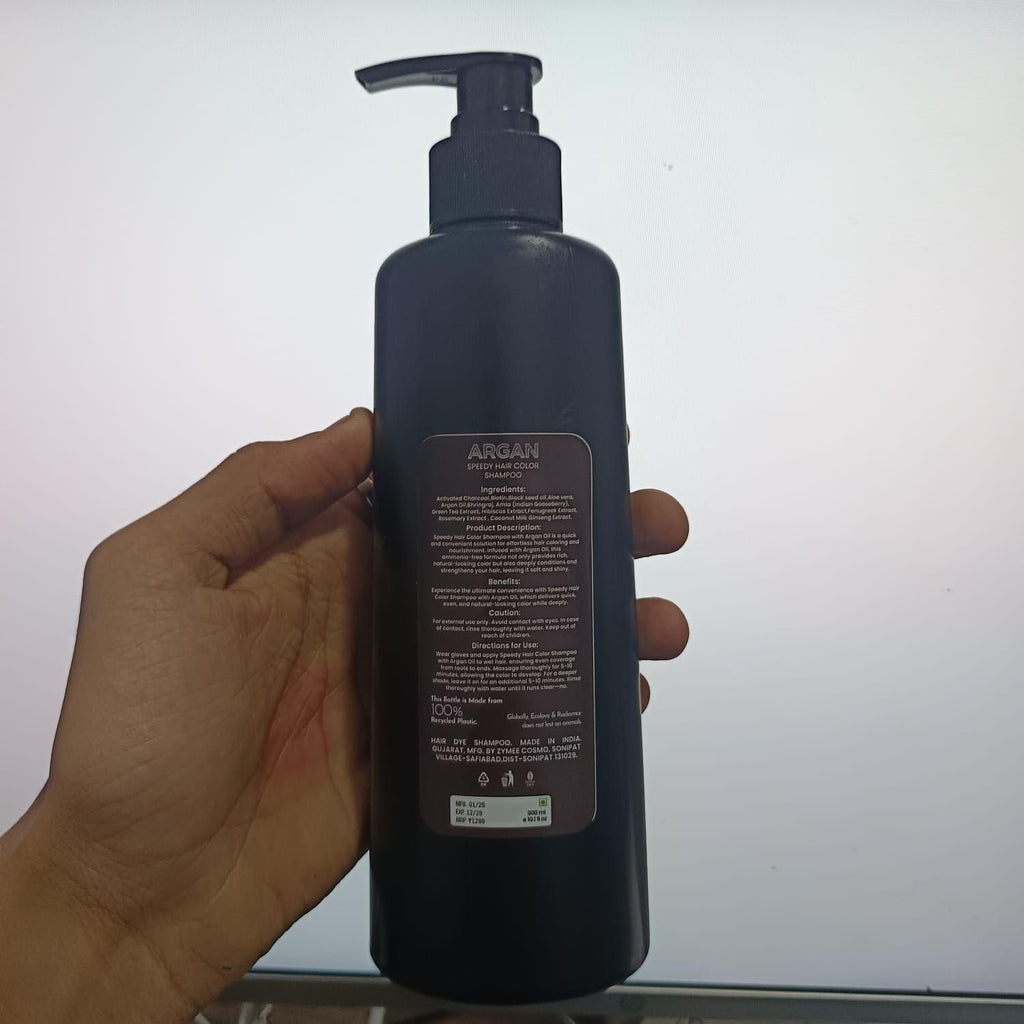 Argan Speedy Hair Color Shampoo combines advanced coloring technology with nourishing argan oil extracts for efficient gray coverage and hair vitality. This economical dual pack provides 1200ml total volume, ensuring extended usage. The innovative formula deposits color while cleansing, eliminating the multi-step traditional coloring process. Professionally developed for consistent, natural-looking results with minimal processing time and maximum hair protection.