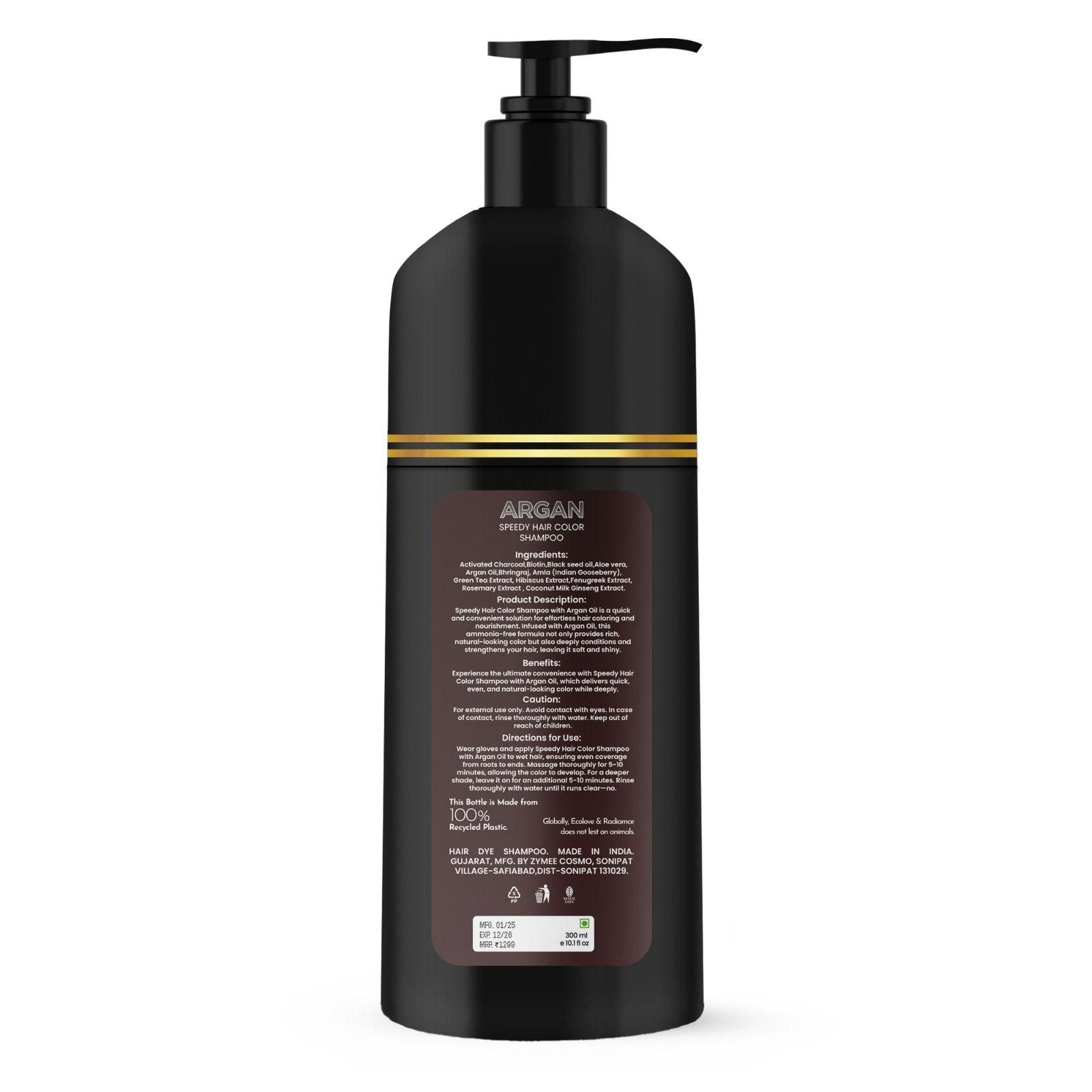Argan Speedy Hair Color Shampoo combines advanced coloring technology with nourishing argan oil extracts for efficient gray coverage and hair vitality. This economical dual pack provides 1200ml total volume, ensuring extended usage. The innovative formula deposits color while cleansing, eliminating the multi-step traditional coloring process. Professionally developed for consistent, natural-looking results with minimal processing time and maximum hair protection.
