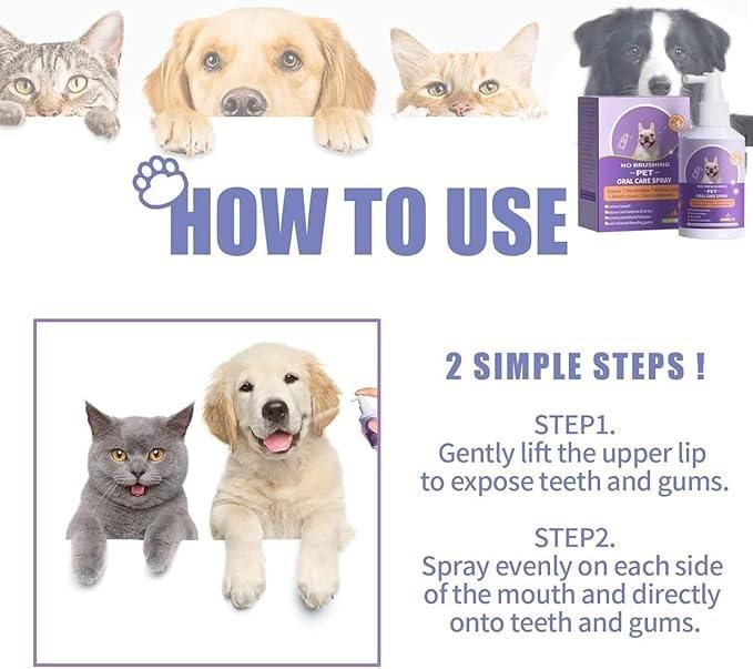 Clinically formulated oral care spray for pets that eliminates the need for brushing. This convenient pack of two 100ml bottles effectively reduces plaque, freshens breath, and promotes gum health. Simply spray directly into your pet's mouth daily for optimal dental hygiene without the struggle of traditional brushing methods.