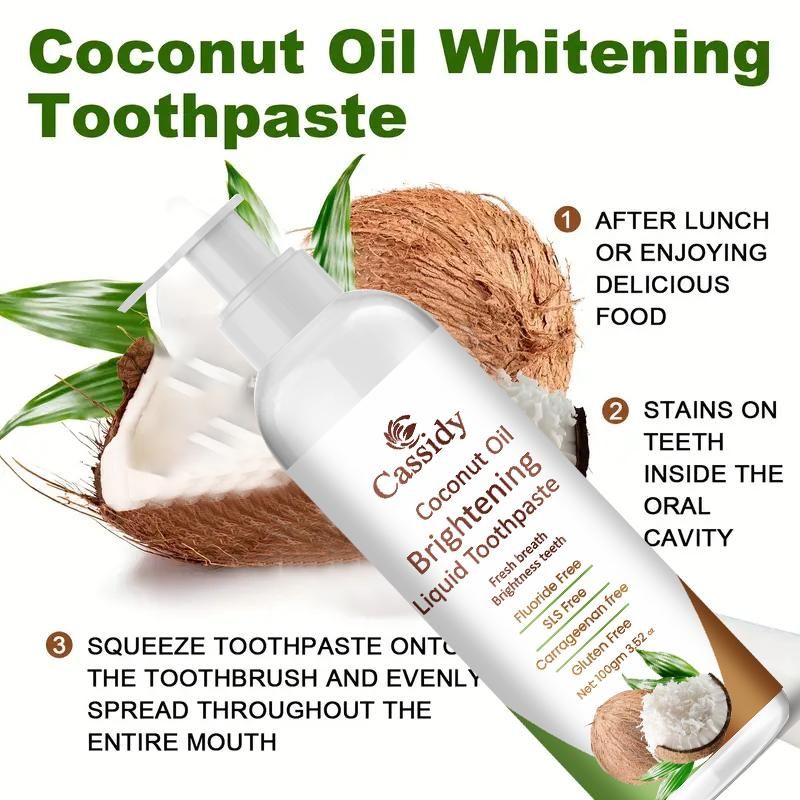 Experience superior oral care with our Coconut Oil Brightening Liquid Toothpaste. This innovative formula combines the natural benefits of coconut oil with advanced brightening agents to effectively clean teeth, remove stains, and promote oral health. Each pack contains two 200 gm bottles, providing long-lasting value. The liquid consistency ensures thorough cleaning between teeth and along the gumline for a comprehensive clean that traditional pastes can't match.