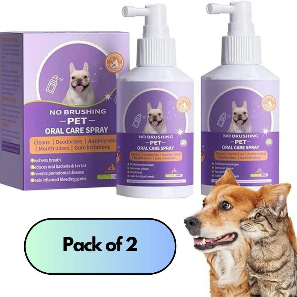 Clinically formulated oral care spray for pets that eliminates the need for brushing. This convenient pack of two 100ml bottles effectively reduces plaque, freshens breath, and promotes gum health. Simply spray directly into your pet's mouth daily for optimal dental hygiene without the struggle of traditional brushing methods.