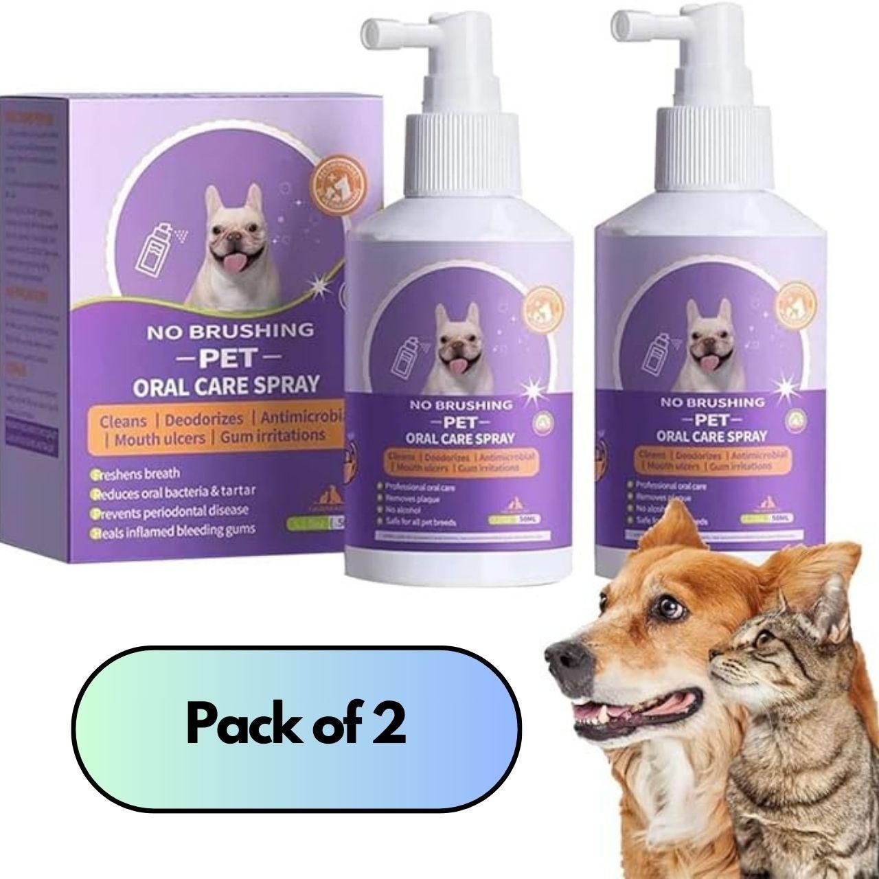 Clinically formulated oral care spray for pets that eliminates the need for brushing. This convenient pack of two 100ml bottles effectively reduces plaque, freshens breath, and promotes gum health. Simply spray directly into your pet's mouth daily for optimal dental hygiene without the struggle of traditional brushing methods.