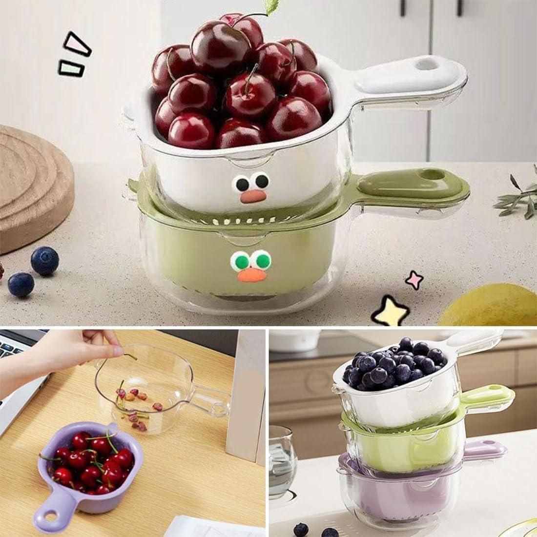 This dual-layer strainer basket is designed for efficient draining of vegetables and fruits. Its two-tier construction allows thorough rinsing and quick water drainage, while the sturdy handle ensures easy handling and stability. Ideal for kitchen professionals and home cooks alike, it streamlines food preparation by combining functionality with durability.