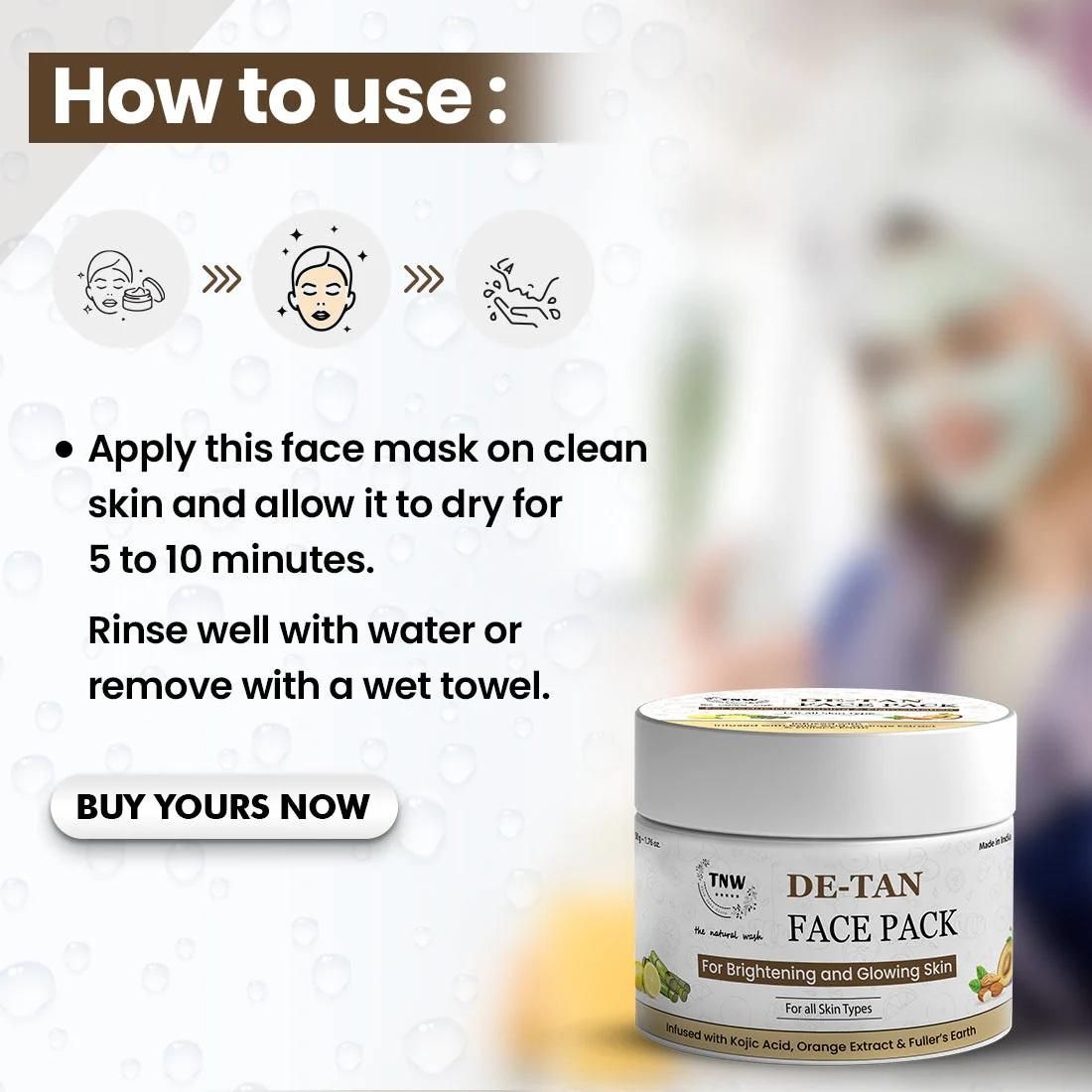 Formulated with potent natural ingredients, this DE-Tan Face Pack effectively removes sun tan while addressing hyperpigmentation. The specialized 50gm treatment restores skin's natural tone, eliminates dullness, and promotes cellular renewal for a visibly brighter complexion. Regular application helps maintain even skin tone and protects against environmental damage.