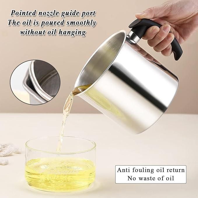 This convenient stainless steel oil pot combines durability with functionality for your everyday cooking needs. The integrated filter removes food particles while pouring, ensuring clean oil every time. The tight-fitting lid prevents contamination and oxidation, extending the life of your cooking oils. A practical addition to any kitchen that helps reduce mess and waste.