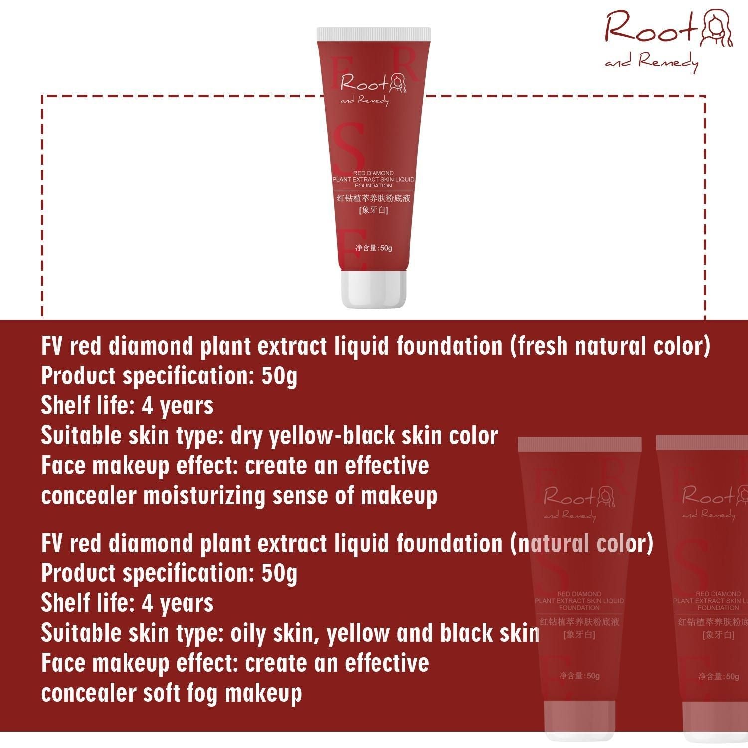 Red Diamond Plant Extract Skin Liquid Foundation combines botanical extracts with advanced cosmetic science to deliver superior coverage and skin-nourishing benefits. The lightweight, buildable formula creates a flawless, natural finish while supporting skin health. Each value pack contains two 100g containers, ensuring extended use of this professional-grade foundation. Ideal for achieving a radiant complexion with the benefits of plant-derived ingredients.