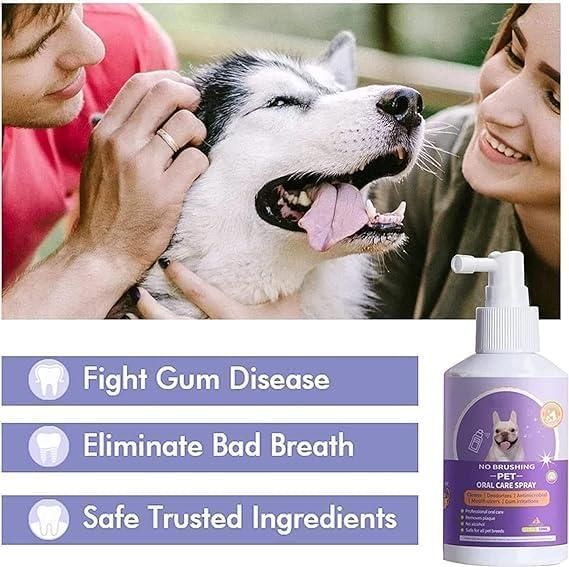 Clinically formulated oral care spray for pets that eliminates the need for brushing. This convenient pack of two 100ml bottles effectively reduces plaque, freshens breath, and promotes gum health. Simply spray directly into your pet's mouth daily for optimal dental hygiene without the struggle of traditional brushing methods.