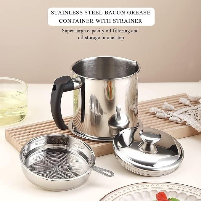 This convenient stainless steel oil pot combines durability with functionality for your everyday cooking needs. The integrated filter removes food particles while pouring, ensuring clean oil every time. The tight-fitting lid prevents contamination and oxidation, extending the life of your cooking oils. A practical addition to any kitchen that helps reduce mess and waste.