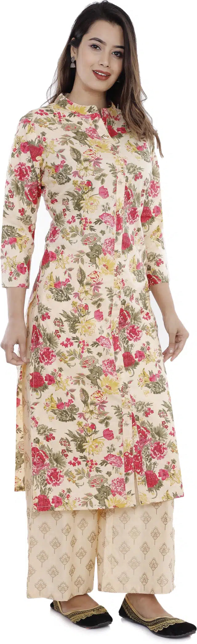 This cream-colored kurti, crafted from pure cotton, offers breathable comfort ideal for daily wear. Its lightweight fabric ensures ease of movement, while the classic design suits both casual and semi-formal occasions. Available in size S, it combines traditional style with practical comfort for a versatile wardrobe addition.