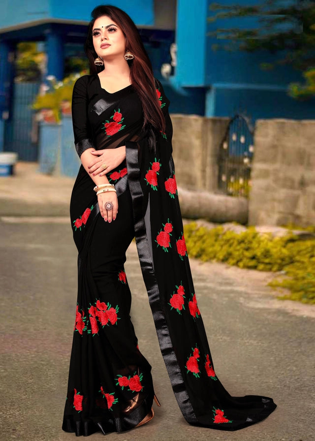 Crafted from premium georgette fabric, this bottle green saree features delicate embroidery that enhances its sophisticated appeal. With a generous length of 6.3 meters, it allows for elegant draping and versatile styling options. Lightweight and breathable, the saree ensures comfort throughout extended wear, making it an excellent choice for formal events and celebrations. Its rich color and intricate detailing reflect expert craftsmanship, perfect for those seeking a timeless and refined ethnic ensemble.