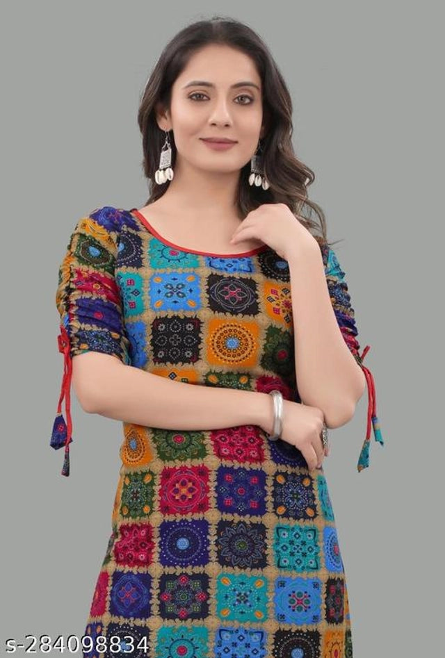 This blue rayon kurti for women features a stylish printed pattern that adds a touch of elegance to your wardrobe. Made from soft, breathable rayon fabric, it offers comfort and a graceful drape, suitable for daily wear or casual outings. Designed in size M, it provides a comfortable fit that complements various body types, making it a versatile choice for effortless style.
