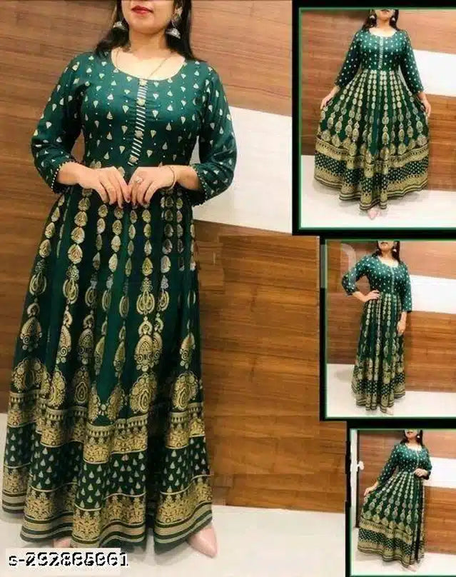 This Anarkali kurti, crafted from breathable rayon, features a sophisticated bottle green and gold print that highlights traditional elegance. Designed for a medium fit, it offers both comfort and style, making it suitable for festive events or everyday wear. Its flowing silhouette ensures ease of movement while maintaining a graceful appearance. Ideal for women who appreciate classic design with modern comfort.