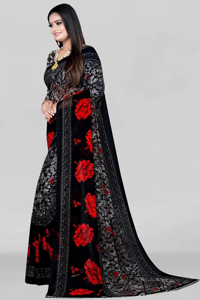 This elegant black printed saree, measuring 5.95 meters, offers a versatile and timeless addition to your wardrobe. Crafted to provide ample drape and comfort, it suits various occasions from formal events to casual gatherings. The intricate print enhances its aesthetic appeal, allowing you to showcase refined style effortlessly. Ideal for women seeking a blend of tradition and contemporary design.