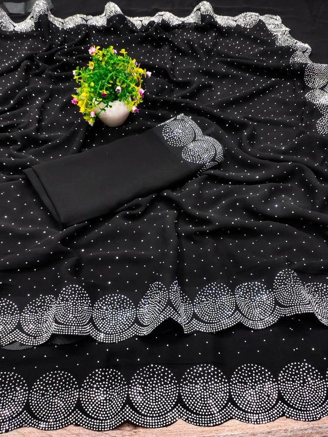 Crafted from premium georgette fabric, this 6.3-meter red saree is adorned with intricate embellishments that elevate its elegance. The lightweight material ensures a comfortable drape, while the detailed work adds a sophisticated charm, perfect for formal events and traditional celebrations. Its rich color and refined texture make it a timeless addition to any wardrobe.