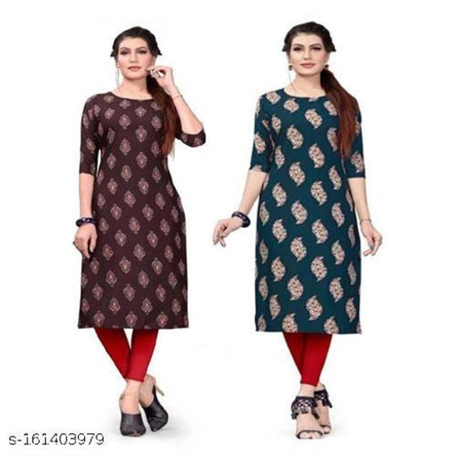 This set includes two expertly crafted crepe kurtis in brown and green, designed for women seeking both style and comfort. Made from premium crepe fabric, these kurtis feature intricate prints that enhance their aesthetic appeal. The breathable material ensures all-day comfort, while the tailored silhouette offers a flattering fit. Perfect for casual outings or festive occasions, this pack provides versatile ethnic wear that combines traditional design with contemporary elegance.
