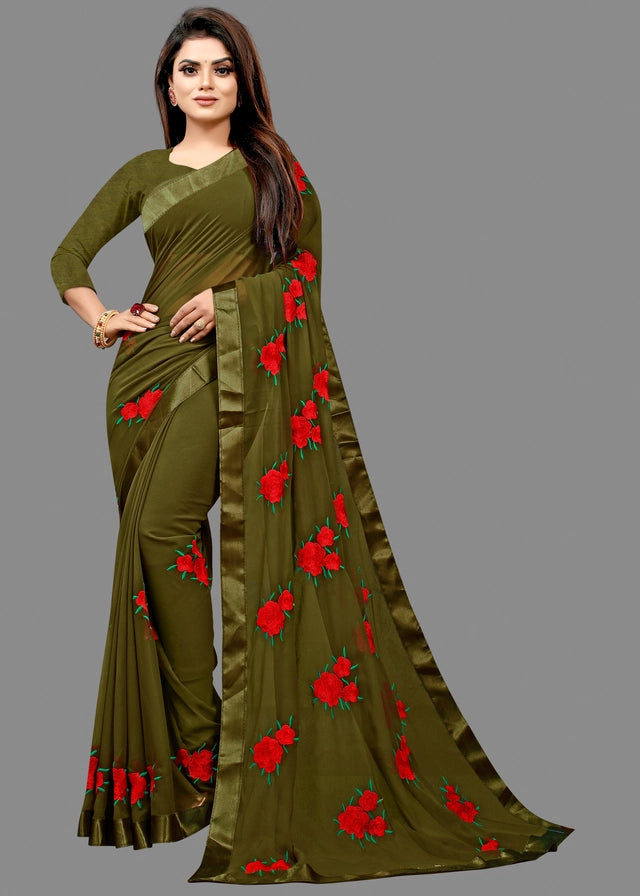 Crafted from premium georgette fabric, this bottle green saree features delicate embroidery that enhances its sophisticated appeal. With a generous length of 6.3 meters, it allows for elegant draping and versatile styling options. Lightweight and breathable, the saree ensures comfort throughout extended wear, making it an excellent choice for formal events and celebrations. Its rich color and intricate detailing reflect expert craftsmanship, perfect for those seeking a timeless and refined ethnic ensemble.