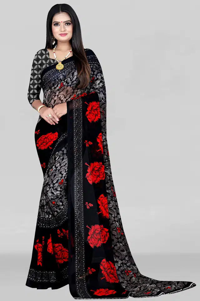 This elegant black printed saree, measuring 5.95 meters, offers a versatile and timeless addition to your wardrobe. Crafted to provide ample drape and comfort, it suits various occasions from formal events to casual gatherings. The intricate print enhances its aesthetic appeal, allowing you to showcase refined style effortlessly. Ideal for women seeking a blend of tradition and contemporary design.