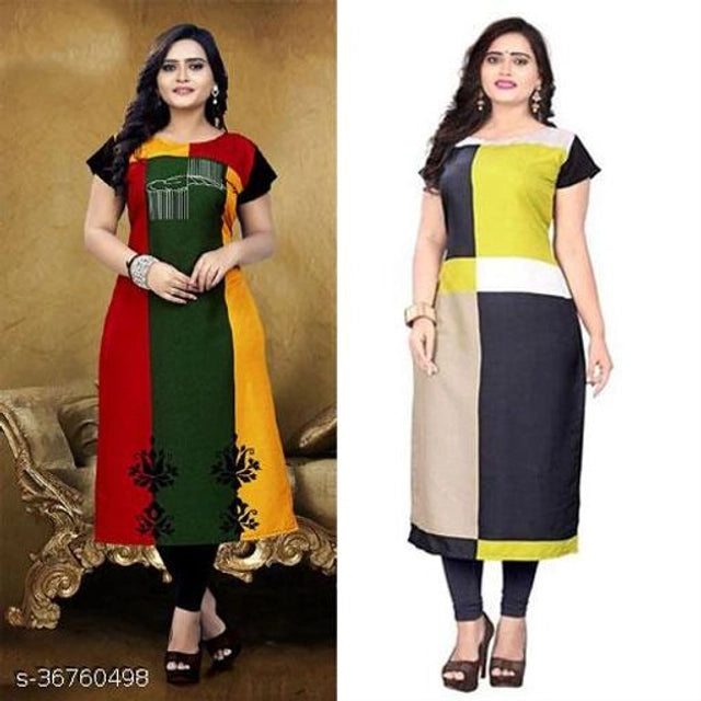 This set includes two medium-sized women's kurtis crafted from breathable crepe fabric, featuring vibrant green and yellow prints. Designed for comfort and style, these kurtis offer a lightweight feel and a flattering fit, suitable for both casual and semi-formal occasions. Their versatile design pairs well with various bottoms, making them a practical addition to any wardrobe.