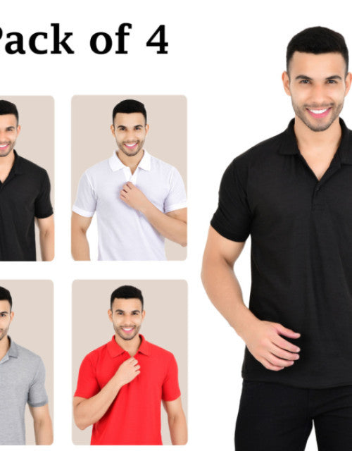 Upgrade your wardrobe with our Men Solid Polo Neck Multicolor T-Shirt Pack of 4. Each pack includes four stylish and versatile shirts, perfect for any occasion. Made with premium materials, these shirts are comfortable to wear and will elevate your style. Mix and match different colors for a unique look.