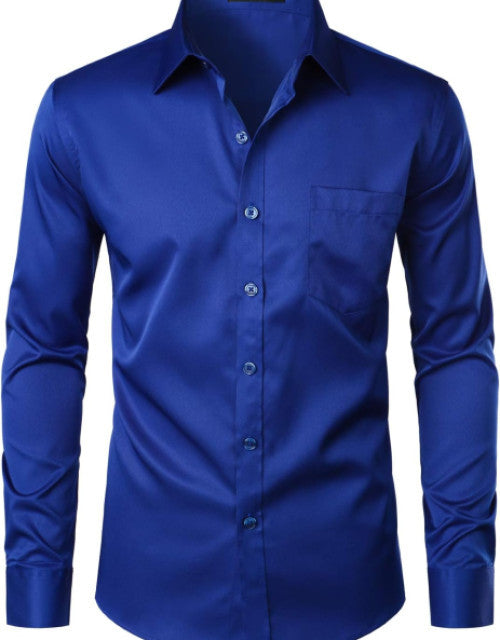 This men's urban stylish slim fit long sleeve dress shirt is designed to enhance your professional look with its form-fitting cut and sleek design. Featuring a convenient pocket, this shirt offers both style and functionality. Perfect for any wardrobe, this dress shirt will elevate your fashion game.