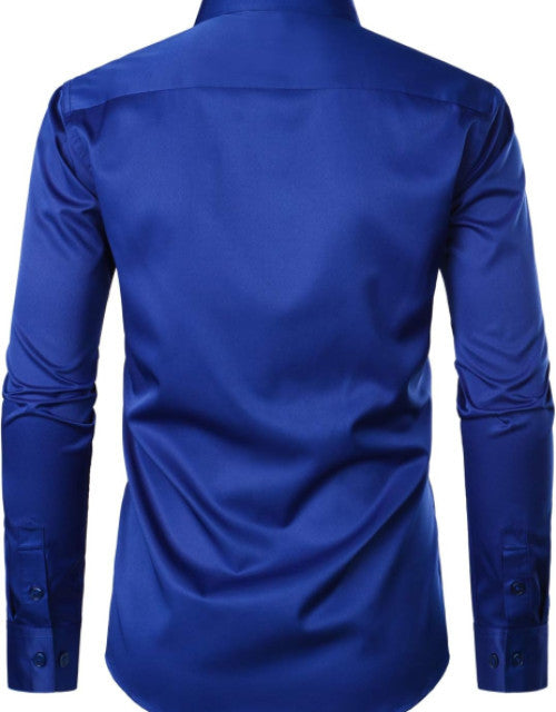 This men's urban stylish slim fit long sleeve dress shirt is designed to enhance your professional look with its form-fitting cut and sleek design. Featuring a convenient pocket, this shirt offers both style and functionality. Perfect for any wardrobe, this dress shirt will elevate your fashion game.