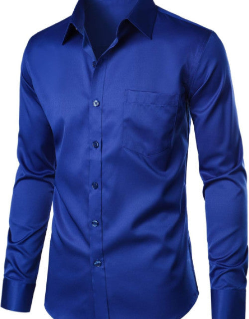 This men's urban stylish slim fit long sleeve dress shirt is designed to enhance your professional look with its form-fitting cut and sleek design. Featuring a convenient pocket, this shirt offers both style and functionality. Perfect for any wardrobe, this dress shirt will elevate your fashion game.